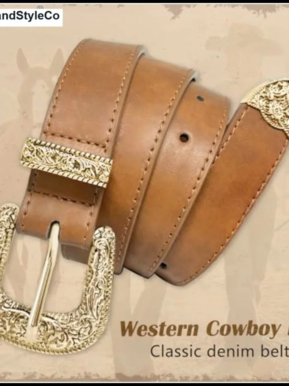 Western Cowgirl Belt, Engraved Buckle PU Leather, 1.2